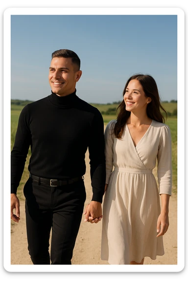 a couple walks together along a path, the man gently leading the way while the woman follows with trust and a smile. Both appear confident and content, symbolizing partnership and mutual respect. The background is a bright, open landscape, evoking a sense of shared journey and harmony. sticker