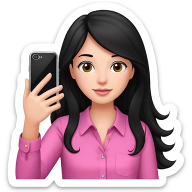black long haired woman with pink blouse holding her phone having selfie sticker