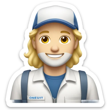 white male mail carrier with blond hair and with a package wearing a white cap sticker