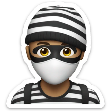 burglar guy with black and white striped clothes with a black mask and a bag of money behind him and a black beanie sticker