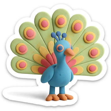 peacock with fanned colorful feathers, visible fingerprints, pastel colors, claymation style sticker