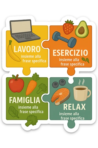 Puzzle (Lavoro, Esercizio, Famiglia, Relax), and healthy foods are integrated into each piece. in italiano sticker