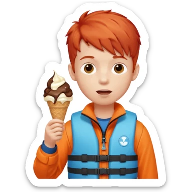 boy kid red haired wearing lifejacket, eating ice cream sticker
