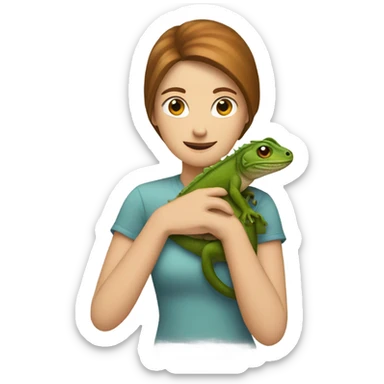 White female with brown mullet hugging a lizard sticker