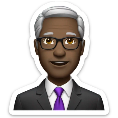 African American Man in His 60s wearing Wearing a tailored black suit with a purple tie and pocket square, short gray hair, glasses. sticker