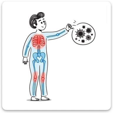 Medical illustration of anti-inflammatory process: transparent human body with highlighted joints, cool blue healing energy neutralizing red inflammation areas, small circular inset showing immune cells becoming calm, clean clinical style with soft futuristic background sticker