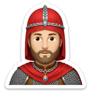 Russian prince Alexander Nevsky in chain mail and with red mantle and with Rus helmet and beard sticker