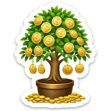 large flourishing money tree with abundant coin and bill leaves, representing magic of compounding and financial growth, clear modern emoji style sticker