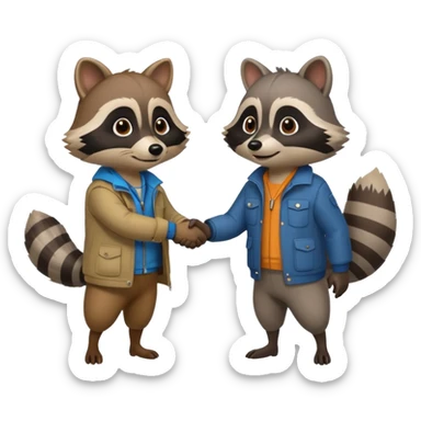 person and racoon standing full body looking at each other and giving a hand shake. cartoon style sticker