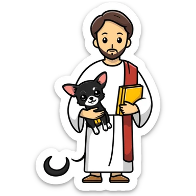 Jesus looking man with black chihuahua sticker