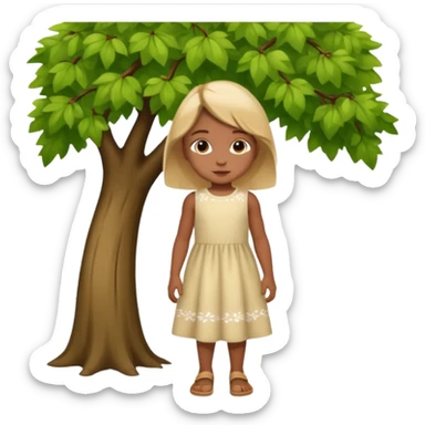 put a standing girl under the tree make the girl small so that it seems like she is covering under the tree sticker
