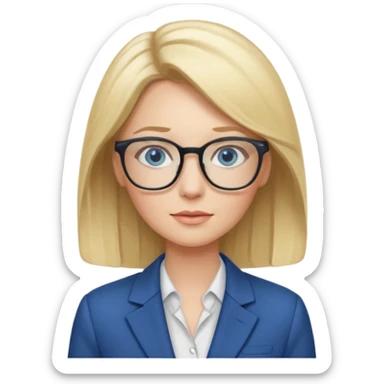 a woman, blonde highlights in hair, glasses and blue eyes. teacher sticker