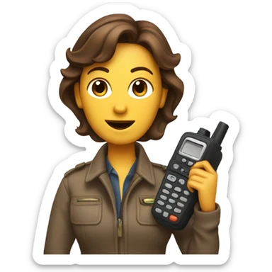 a lady with brown hair using a walkie talkie sticker