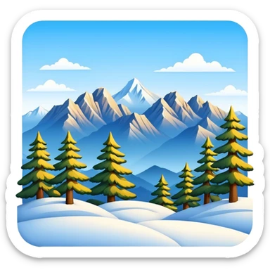 Huangshan Yellow Mountain winter snow peaks with pine trees, simplified emoji style with bold outlines and bright colors, cartoon style snowy mountains sticker
