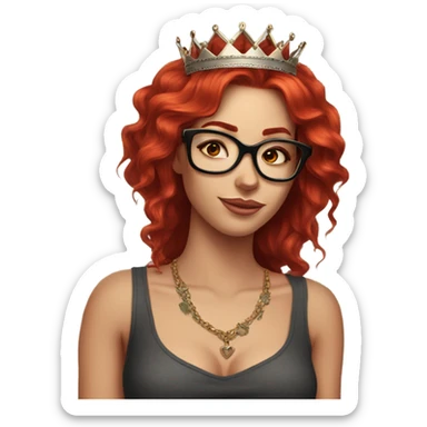 Beautiful girl, long red hair, tattoos, glasses and a crown sticker