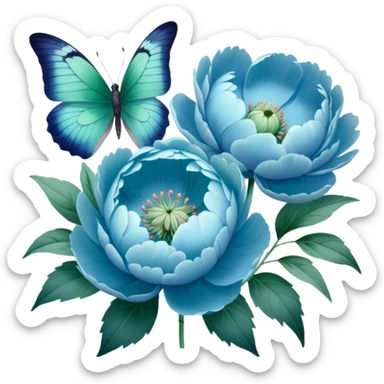 A soft pastel-toned painting of blue peonies and a green butterfly, inspired by vintage floral art. sticker