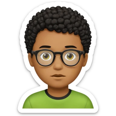 Menino pardo com cabelo curto cacheado preto raspado dos lados, de óculos preto e blusa verde e amarela sticker