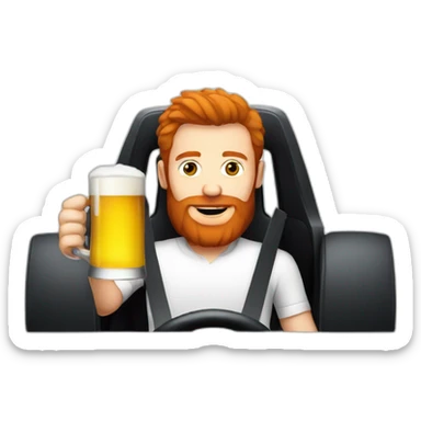 Man with a red beard drinking beer and driving a f1 car sticker