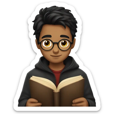 Boy with dark hair reading Harry potter sticker