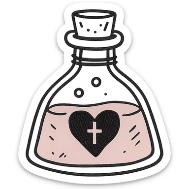 pink goth potion bottle, sketchy and gothic, hand drawn style sticker