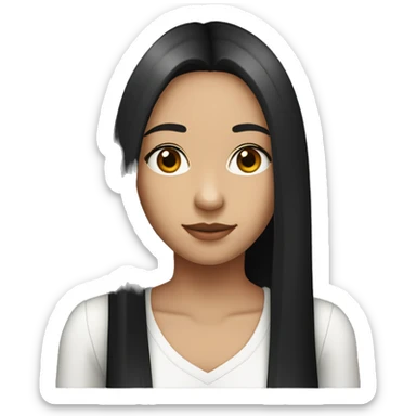 A 20years old girl with very long black straight hair, dark brown eyes, small lips,with a new order packedge sticker