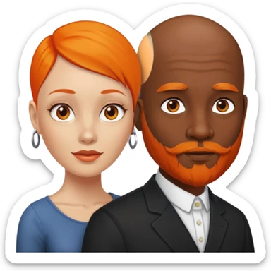 dark beauty looking back at bald guy with orange beard sticker