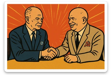 US President Eisenhower wearing a suit with a US badge on the chest shaking hands with Soviet leader Khrushchev wearing a communist party badge and smiling. They are sitting around a negotiating table. sticker