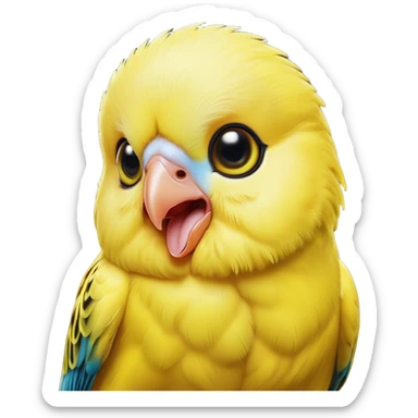 Cinematic Comical Yellow Budgie Portrait Emoji, Head tilted dramatically with an exaggeratedly amused expression, featuring a striking yellow feathered fur with a glossy finish, wide, expressive dark eyes filled with playful disbelief, Simplified yet hilariously expressive features, highly detailed, glowing with a slightly sassy glow, high shine, dramatic yet playful, stylized with an air of cheeky mischief, bright and endearing, soft glowing outline, capturing the essence of a spirited and over-the-top budgie, so meme-worthy it feels like it could side-eye its way into internet fame instantly! sticker