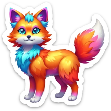 Vibrant multicolored neon-colored Falvie-Fionbri-creature-sparkle-feline-canine-hybrid-fursona, full body sticker