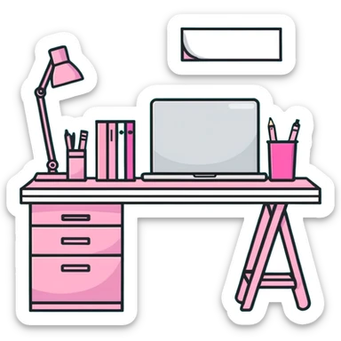 pink office desk with supplies sticker