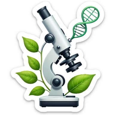 An icon featuring a DNA strand, a microscope with visible cells, and a green leaf, symbolizing biology. The design includes animal cells, plant structures, representing the study of living organisms and ecosystems. Transparent background highlights life sciences and biological research. sticker