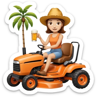 White woman with brown hair, without glasses wearing a straw hat, on old orange ride on lawn mower, holding a beer with one hand and holding the steering wheel with the other hand. Woman is smiling.  sticker