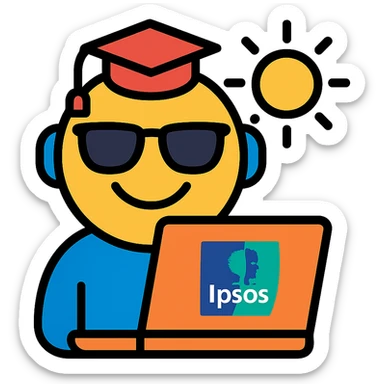 cheerful emoji of a student with a laptop wearing sunglasses, small Ipsos logo, summer sun, symbolizing summer internship in North America sticker