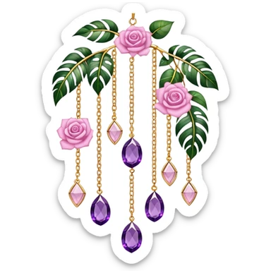 Hanging suncatcher, gold chains with shiny sparkly amethyst and rose-quartz gemstones, roses, beautiful tropical leaves, gorgeous aesthetics sticker