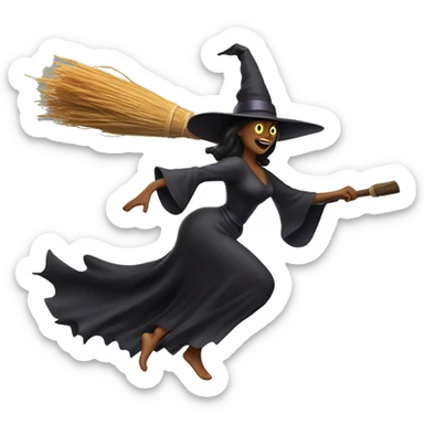 halloween goddess witch sprinting, with a large stride and arms outstretched, broom sticker