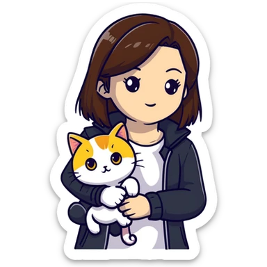 Light-skinned girl with brown straight hair wearing a black jacket, with a white cat with yellow eyes and a calico cat sticker