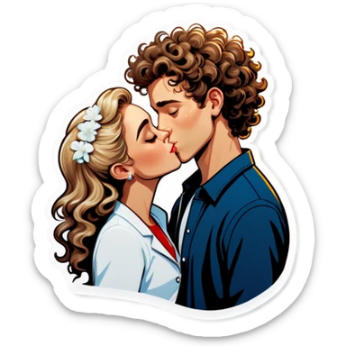 latina brown haired girl kissing white boy blonde curly hair sticker