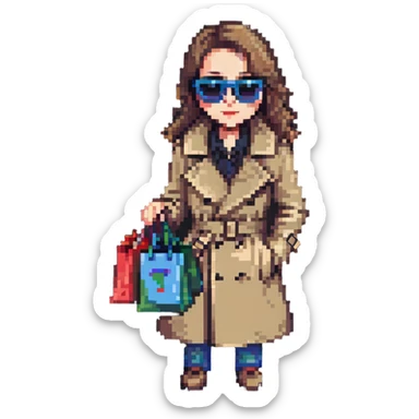 mystery shopper wearing trench coat and sunglasses, holding shopping bag, pixel art style sticker