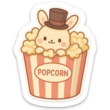 whimsical and cute popcorn container with a bunny inside, the bunny is wearing a top hat sticker