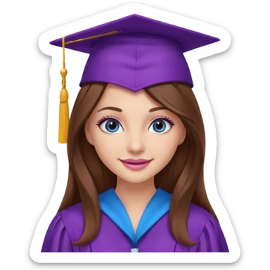 girl with gorgeous long brown hair, blue eyes, long lashes makeup, sexy pink lips, wearing a purple graduation cap and gown sticker