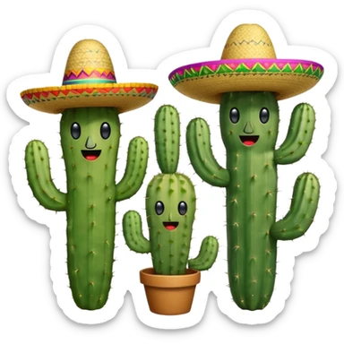 three cactuses standing together, each wearing a colorful Mexican sombrero, one cactus cheeky expression, one happy expression, one surprised expression, fun friendly emoji style sticker