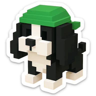 A black and white Russian Cocker Spaniel puppy wearing a green durag, voxel style, sitting sticker