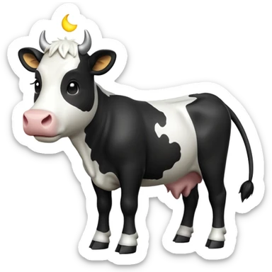 cinematic-[cow]-realistic-full-body-standing-emoji,-tail-flicking-lazily,-head-tilted-dramatically,-sleek-[black and white]-fur,-simplified-yet-realistic-focused-features,-highly-detailed,-glowing-with-an-almost-sarcastic-glow sticker