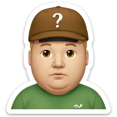 fat man with brown cap and green t shirt printeed a question mark sticker