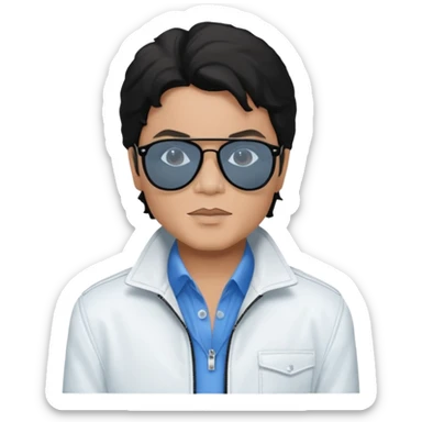 Michael Jackson is white, wearing completely black smokey Ray-Ban glasses, a white jacket, and a blue shirt. sticker