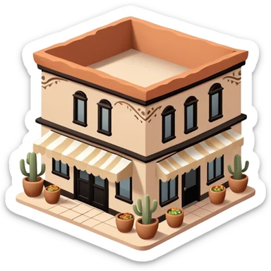 Isometric exterior little black, beige, and white southwestern desert Mexican restaurant, dollhouse style 3D realistic  sticker