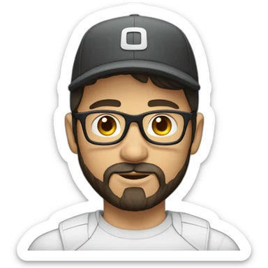 young dark-haired white man with a cap, glasses and beard sticker