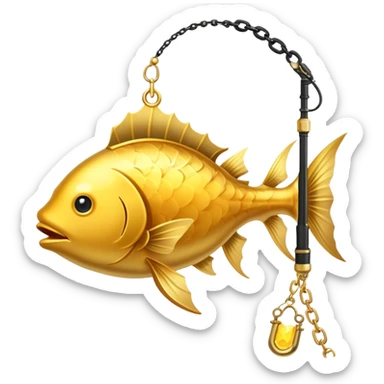 black magical fishing rod with gold chains and gold aura fishing a gold anglerfish sticker