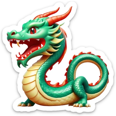 Cinematic Cute Yawning Chinese Serpent Dragon Portrait Emoji, Head gently inclined with a dramatic, wide-open yawn, revealing an elegantly elongated body with softly glowing jade and vermilion scales, enriched by subtle, ethereal cloud and ripple motifs; rendered with authentic detail and delicate natural light, high shine, relaxed yet wise, styled with a dash of ancient mystique, soft glowing outline, capturing the essence of a drowsy but venerable celestial dragon ready to drift into a serene, timeless slumber! sticker