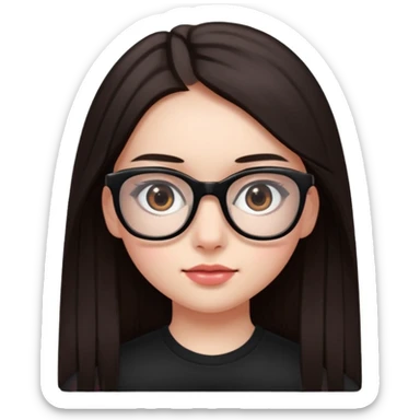 une ado, brune aux cheuveux tres fonces longs lisses blanche, ,lunettes carres noires, yeux bruns fonces joues rose sticker